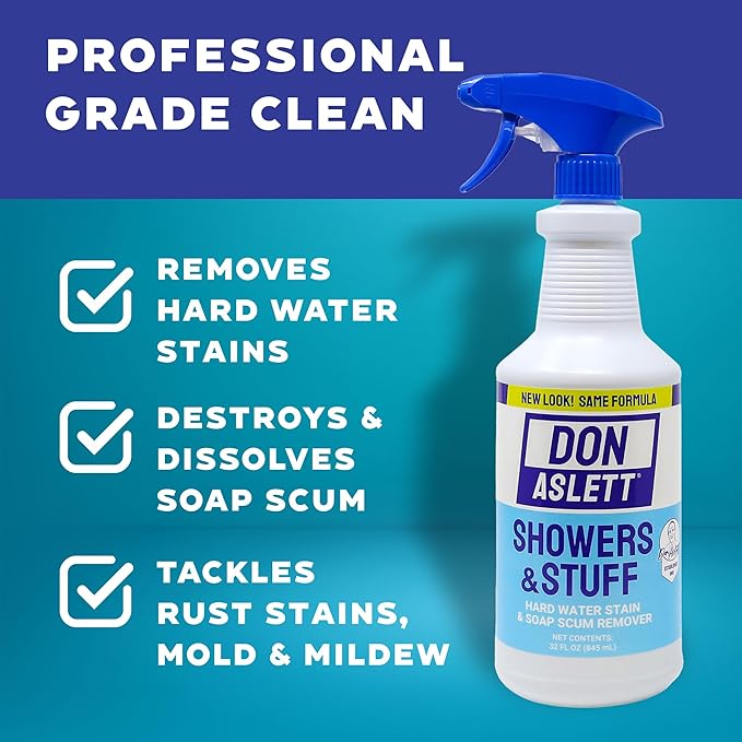 Don Aslett Showers and Stuff (32 Oz Spray Bottle Pack of 2) Hard Water Stains and Soap Scum Remover | Cleans Bathroom Rust Grout Tile Lines Fiberglass Tub Glass Shower Door Surfaces