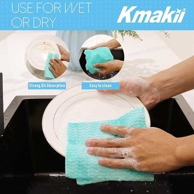 KMAKII Handi Wipe Reusable Cloths - Multi-Purpose Disposable Dish Cloths and Towels Ultra Absorbent Fast-Dry Durable Cleaning Wipes for Kitchen and Home Green 11.8 x 21 inches Pack of 80
