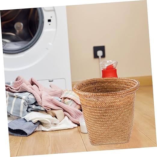 Straw Woven Wastebasket Handmade Storage Bin for Office and Home Waste Can Natural Fiber Design for Organizing Waste in Bedrooms and Bathrooms Random Color