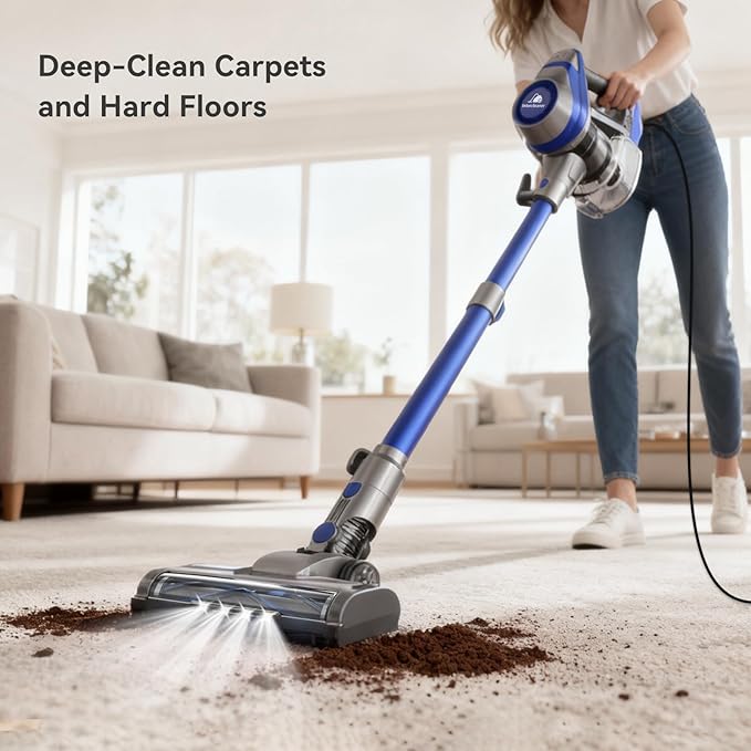 Intercleaner 23Ft Corded Vacuum Cleaner with LED Headlights &amp Large Dust Cup Powerful Suction for Hard Floors &amp Carpets Adjustable Stick Perfect for Pet Hair Wall Mount Storage