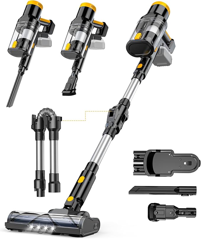 LIVOWALNY Cordless Vacuum Cleaner Compatible with DeWalt 20V Battery 350W Brushless 40kPa Suction 0.8L Dual Dust Cup LED Floor Brush &amp 180° Flex Wand for Hardwood &amp Carpet (Battery Not Incl