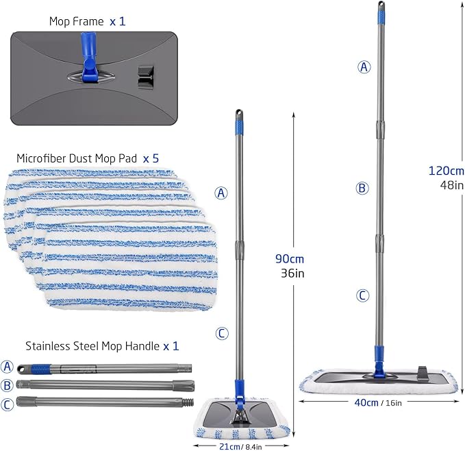 Masthome 36 Commercial Mop with 3 Microfiber Pads &amp Extra Large Microfiber Mop for Floor Cleaning with 5 Pad 1 Cleaning Scraper Included - Home &amp Office Suitable