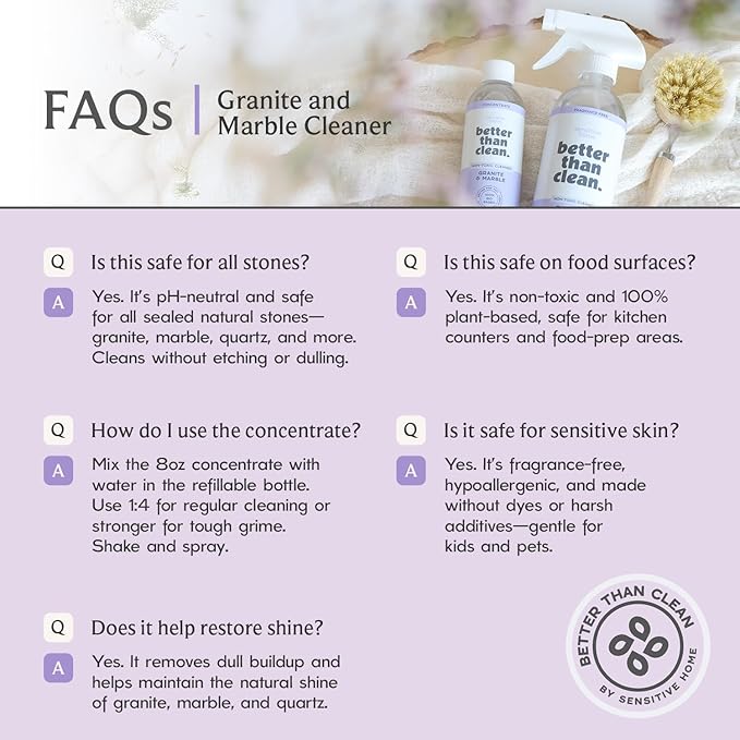Marble &amp Granite Cleaner Starter Pack - Plant-Based Natural Stone Cleaner for Countertops Showers Floors &amp More - Suitable for Sensitive Skin Fragrance Free Kids &amp Pet-Friendly