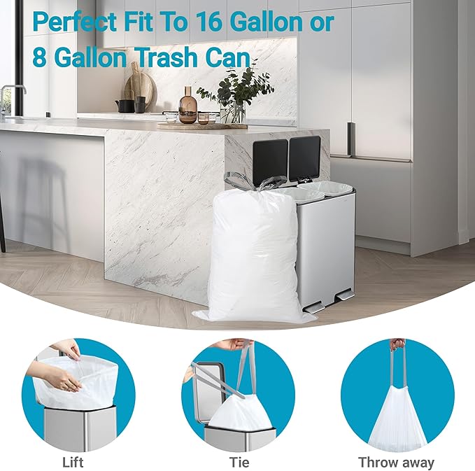 8 Gallon Trash bags for Dual Compartment Can (2 x 8 Gallon) 100 Count 1.0 Mil Thickness Drawstring Kitchen Garbage Liner Pre-Separated Compatible with Liner Code 30A All 16 Gallon Dual Can