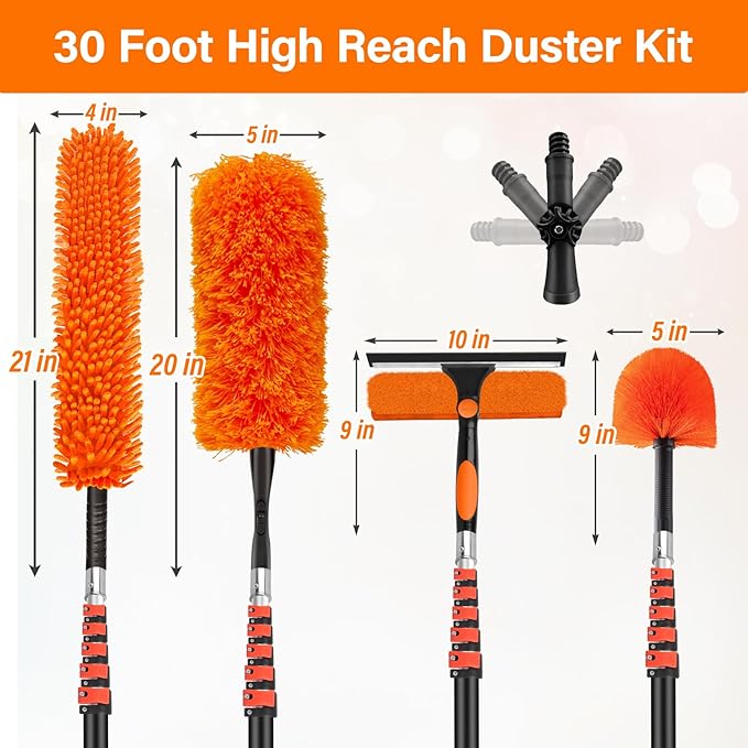 30FT High Reach Duster Cleaning Kit with 24FT Pole | 4-in-1 Tool Set with Universal Swivel Joint | High Ceiling Fan Cleaner Microfiber Duster &amp Window Squeegee for Safe High-Reach Cleaning