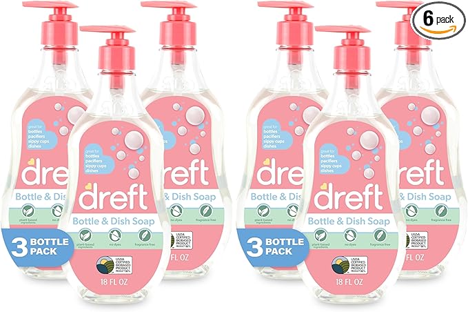 Dreft Bottle and Dish Soap | Made to Clean Baby BottlesSippy CupsPacifiersBreast Pumps&amp More | Gently Removes Milk Film &amp Odors-| Plant BasedFragrance Free Dish Soap-| 18 Fl Oz(Pack of 6