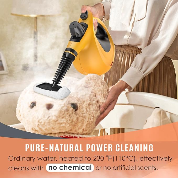 Pressurized Handheld Multi-Surface Natural Steam Cleaner with 12 pcs Accessories Multi-Purpose Steamer for Home Use Steamer for Cleaning Floor Upholstery Grout and Car (Orange)