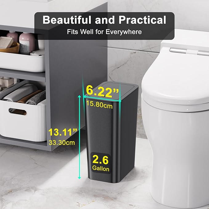 N. NETDOT 3 Pack 10L/2.6 Gal Bathroom Trash Can with Lid Trash Bin with Press Lid Small Trash Can/Slim Garbage Cans/Waste Basket for BathroomKitchenOfficeBedroom - BlackGrayOff White