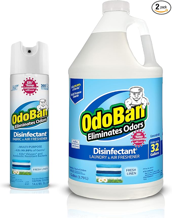 OdoBan Ready-to-Use Disinfectant and Harsh Aroma Eliminator Set of 2 14.6 Ounce 360-Degree Continuous Spray Fabric/Air Freshener and 1 Gallon Multi-Purpose Cleaning Concentrate Fresh Linen Scent