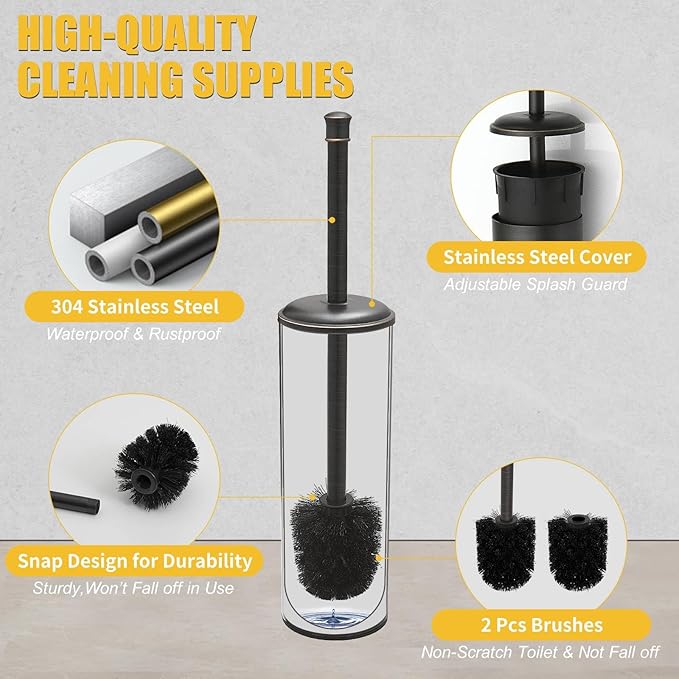 BESy Toilet Brush and Holder Toilet Cleaner Bowl Set with Two Brush with Extra Long Handle Durable Bristles Toilet Scrubber and Covered Holder Drip-Proof Stainless Steel Oil Rubbed Bronze