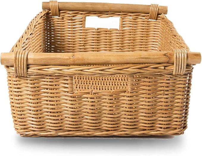 The Basket Lady Low Pole Handle Wicker Storage Basket Large 19.5 in L x 12.5 in W x 6 in H Sandstone