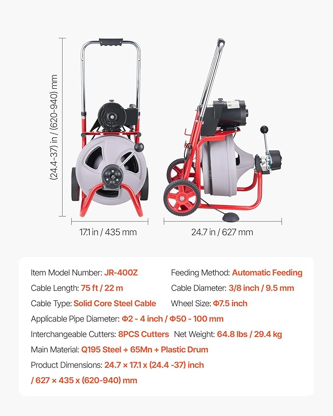 VEVOR Drain Cleaner Machine 75 FT x 3/8 Inch Auto Feed Sewer Snake Drain Auger on Wheels Portable Drain Cleaning Machine with 8 Cutters &amp Air-Activated Foot Switch for 2 to 4 Pipes