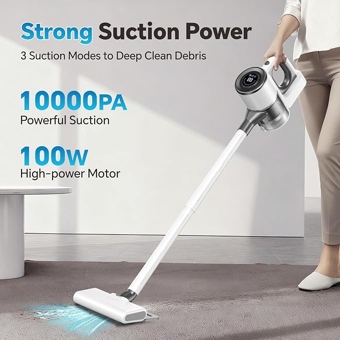 Cordless Vacuum Cleaner for Home Powerful Stick Vacuum Cleaner with LED Screen and 3-Speed Suction Rechargeable Vacuum Cordless Lightweight Handheld Vacuum for Hard Floors Carpets Pet Hair White