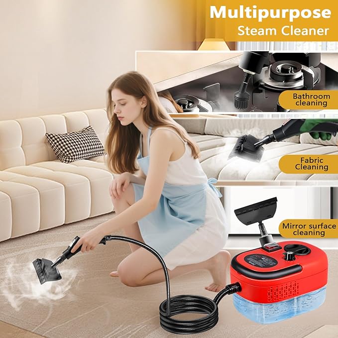 Handheld Steam Cleaner with 1200ml Large Water Tank &amp High Pressure - for Floors Upholstery Grout Cars Tiles Windows Kitchen