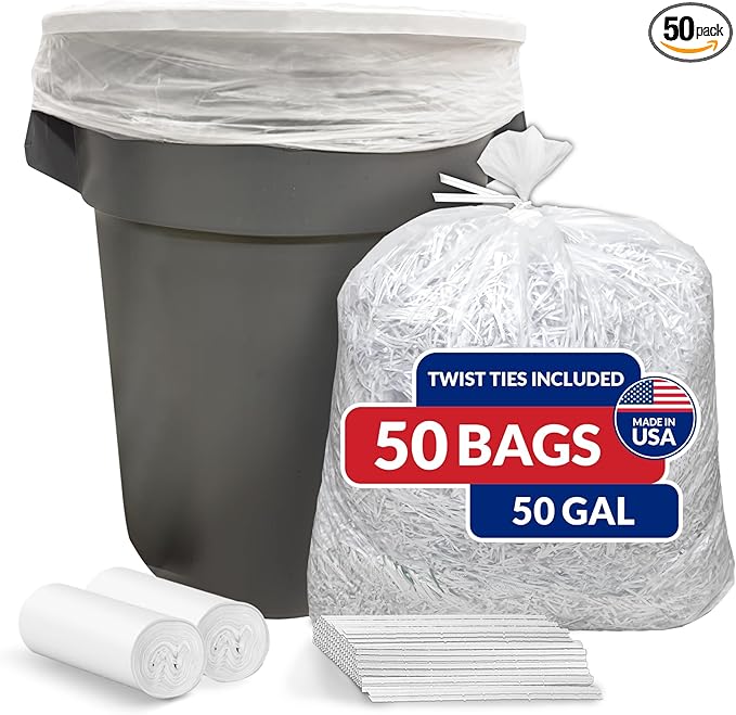 Reli. 50 Gallon Trash Bags Heavy Duty (50 Count) | Clear | Twist Ties Included | Extra Tough Leak-Proof Garbage Bags | Ideal for Large Clean Ups