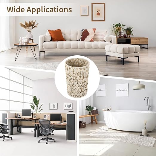 2 Pcs Wicker Trash Cans11 in Boho Trash Cans Handwoven Plastic Rattan Trash Can Waste Baskets with Wide Opening Waterproof Waste Bin with Sturdy Metal Frame for Bathroom Bedroom Office Home