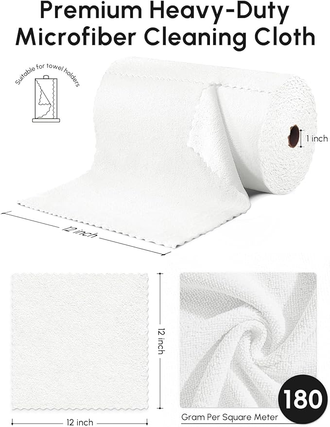 Microfiber Cleaning Cloths Roll 225 Pack Tear Away Microfiber Towels Roll 12 x 12 Lint Free Rags Reusable Cleaning Cloths Washable Scratch FreeUltra Absorbent Dish Rags(White)