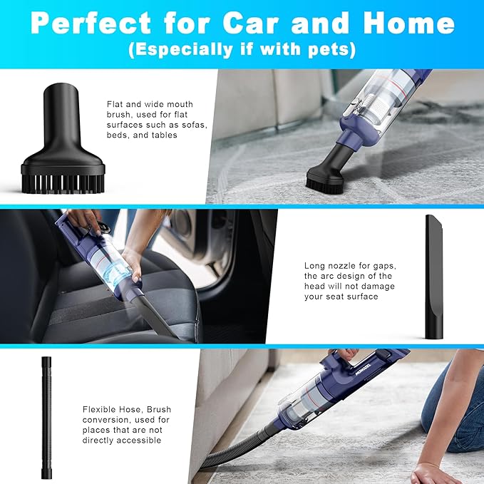 Handheld Vacuum Cordless - Car Vacuum Cleaner with Brushless Motor 15kPa Powerful Suction Vacuum with LED Light Type C Port 2 Fliters Portable Hand Vacuum for Home Pet and Car