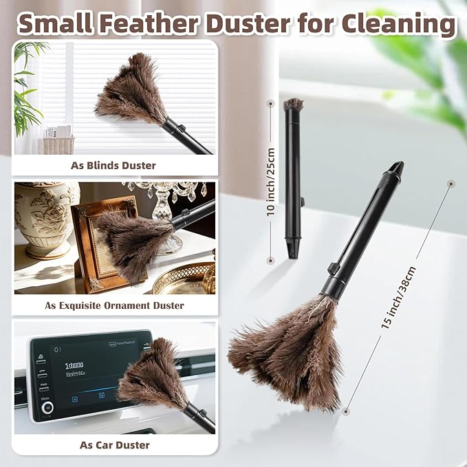 Ostrich Feather Dusters for Cleaning Kit - Reusable Soft Feather Duster Extendable to 49 inches for Cleaning Ceiling Fan High Ceiling Blinds &amp Retractable Small Duster for Keyboard Car