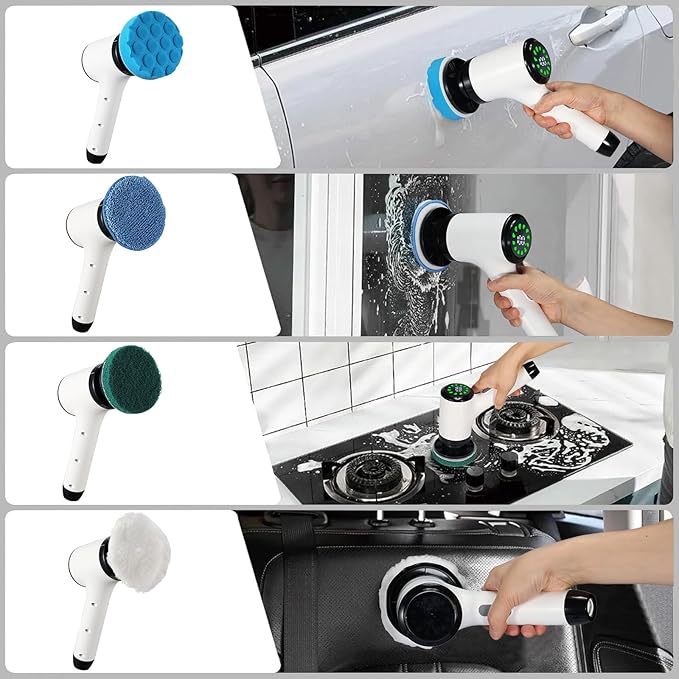 Electric Spin Scrubber Cordless Power Cleaning Brush with 8 Replaceable Heads 2 Adjustable Speeds LED Display &amp Long Handle Ideal for Bathroom Tub Tile Floor Car Cleaning