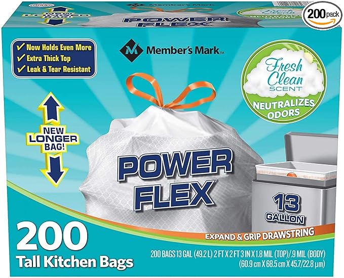 Members Mark Power Flex Tall Kitchen Drawstring Trash Bags (13 gal 200 ct.) (200 Count (Pack of 2))