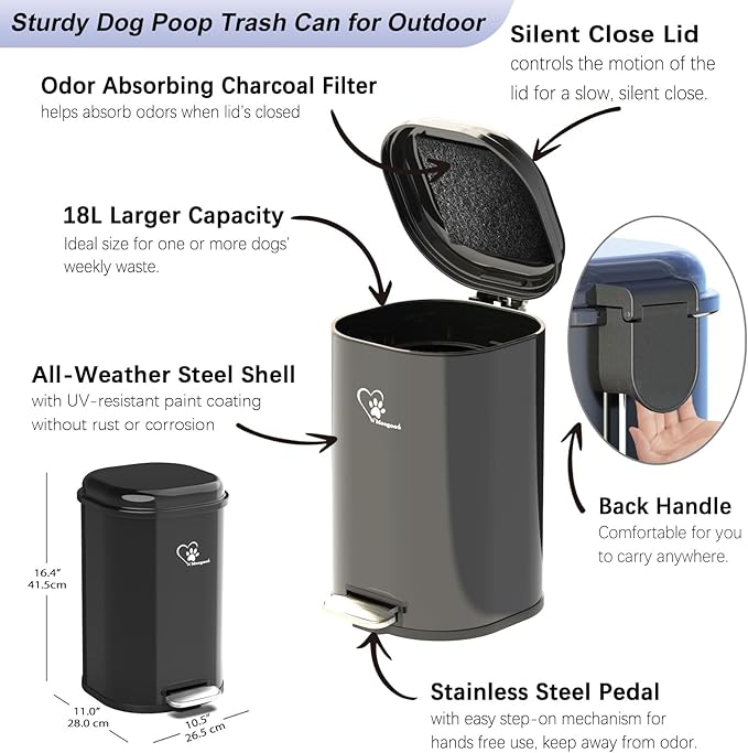 Dog Poop Trash Can Outsides 18L/4.76 Gal Portable Waste Bin with Lid and Removable Inner Odor Control for Indoor Outdoor Dog Waste Station for Bathroom &ampKitchen -45 Waste Bags