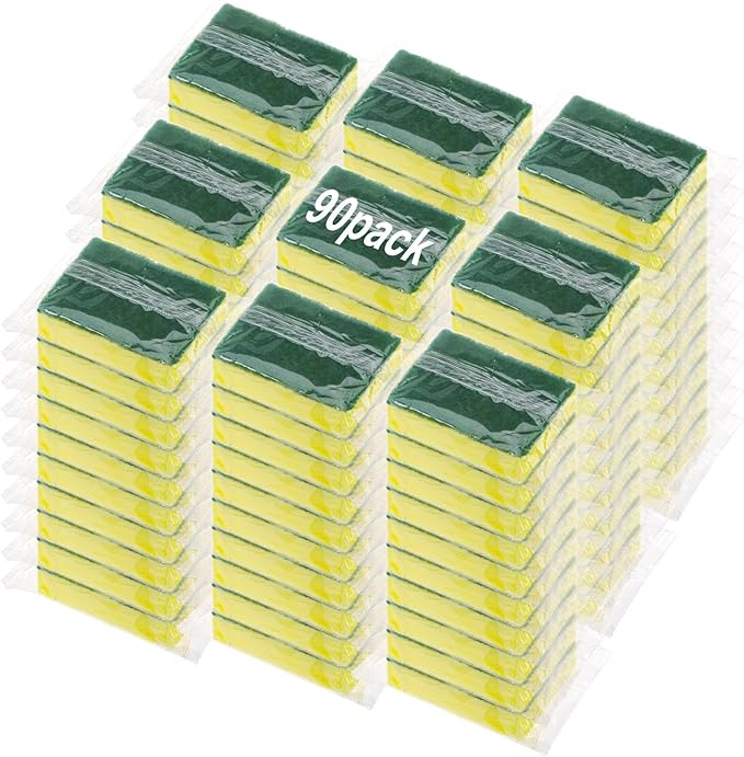 90 Pack Individually Wrapped Sponges Uncompressed Kitchen Dishwashing Non Scratch Scrouing Sponge Bulk for Hotel Car Airbnb ApartmentsGreen