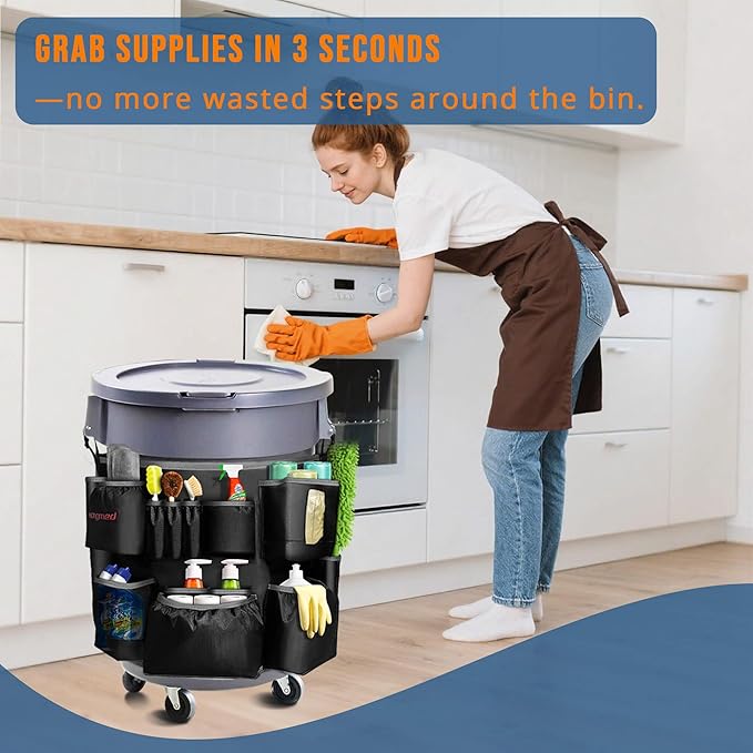 Trash Can Caddy Bag for 32-55 Gallon Garbage Bin Hongmed Caddy for Commercial Cleaning Supplies Multi-Pocket Utility Apron with Adjustable Straps Heavy-Duty Nylon Organizer for Janitorial Duties