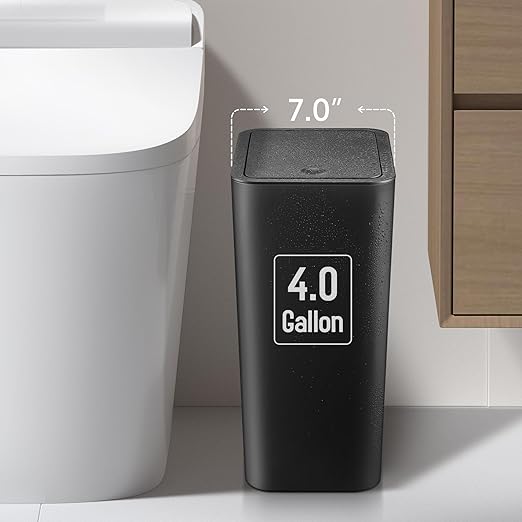 TIPGO Bathroom Trash Can with Lid 4 Gallon / 15 Liter Small Garbage Can Press Top Bin Plastic Wastebasket with Pop-Up Lid for Bedroom Living Room Office (Black)