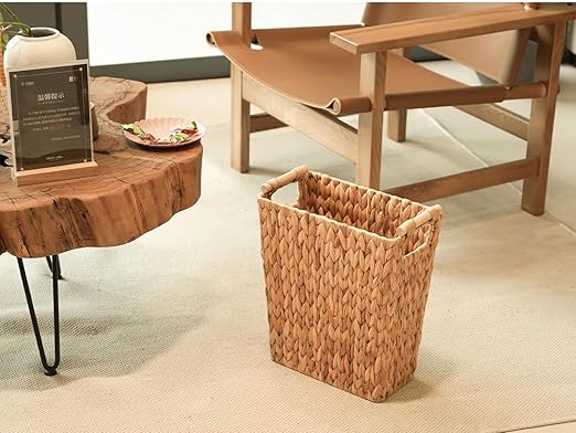 6 Gallon Wicker Trash Can with Wooden HandleWicker Waste Basket for BathroomBedroomLarge Narrow Water Hyacinth Trash BasketRattan Boho Decor Farmhouse Bathroom Trash Can