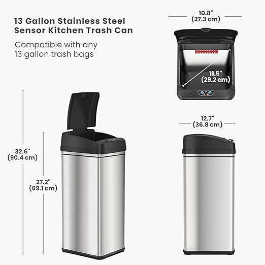 iTouchless 13 Gallon Automatic Sensor Kitchen Trash Can with AC Adapter Deodorizer and Trash Vinyl Sticker