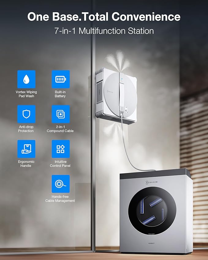 ECOVACS WINBOT W3 Omni Robot Window Cleaner with Auto-Clean &amp Multi-Functional Station Win-SLAM 5.0 Smart Navigation Intelligent Cleaning with Triple Spray System 12-Level Protection