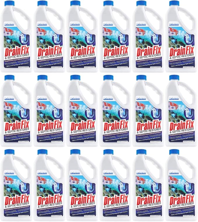 Drainfix &amp Septic Restorer 32 Oz Septic Tank Treatment | Drainfield Treatment | Septic Safe Drain Cleaner | Enzyme Drain Cleaner | Septic Cleaner | Exxon Valdez Patented - 18 Pack