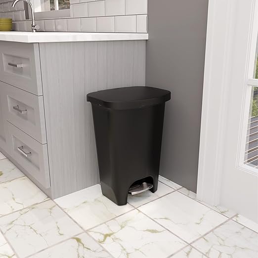 Glad Premium 13 Gallon Trash Can - Plastic Kitchen Waste Bin with Odor Protection of Lid Stainless Steel Step On Foot Pedal and Garbage Bag Rings Black