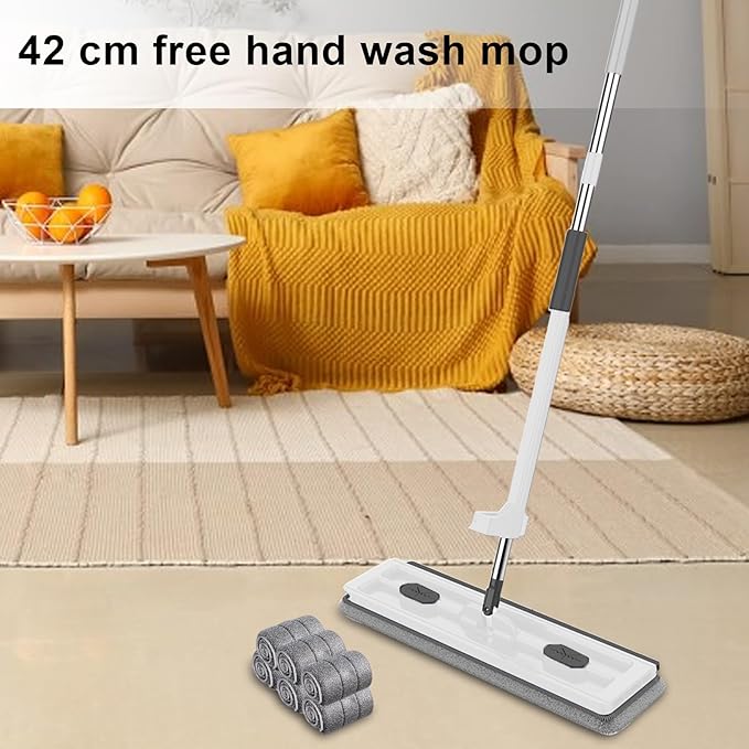 Large Flat Mop with Bucket with 6 Microfiber Pads Streamline Mop 360 Rotation Floor Mop Independent Liquid Tank and Drainage Scraper Thickened EVA Wiper Strip (Blue1)