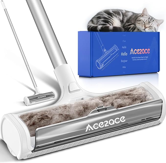 ACE2ACE A3 Pro Carpet Roller for Pet Hair Carpet Pet Hair Removal Tool Reusable Large Lint Rollers 5 Feet Long Handle No Bending No Kneeling Cat Dog Hair Remover for Carpet Rugs Mats Grey