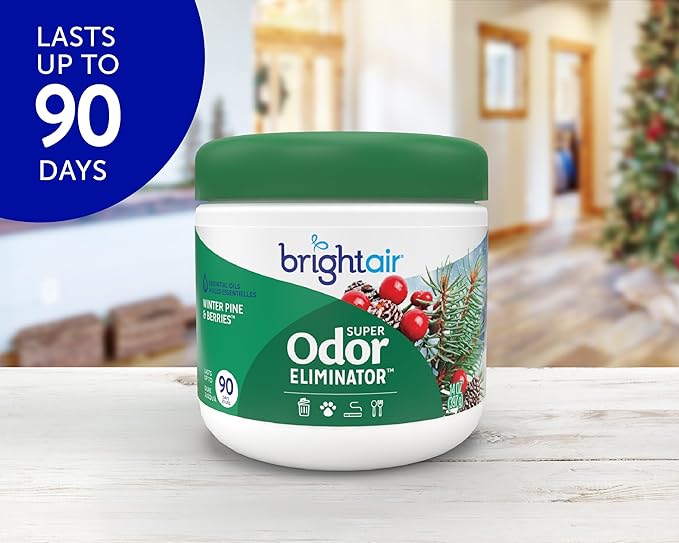 Bright Air 14 oz. Super Odor Eliminator For Medium-Size Spaces Winter Pine &amp Berries Scent Case of 6 Odor Eliminator &amp Air Freshener Natural Essential Oils Lasts Up to 90 Days Each