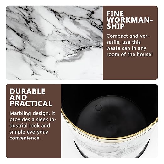 Marble Pattern Round Wastebasket Plastic Trash Can for Bathroom Bedroom Office Home Kitchen with Easy Bag Replacement and Stylish Lidless Design