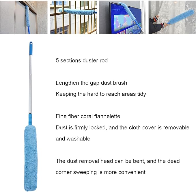 Extendable Long Handle Duster Bendable Head Dust Removal Multipurpose Soft Coral Fleece for Furniture Cracks Corner Adjustable Retractable Design Lightweight Aluminum Pole