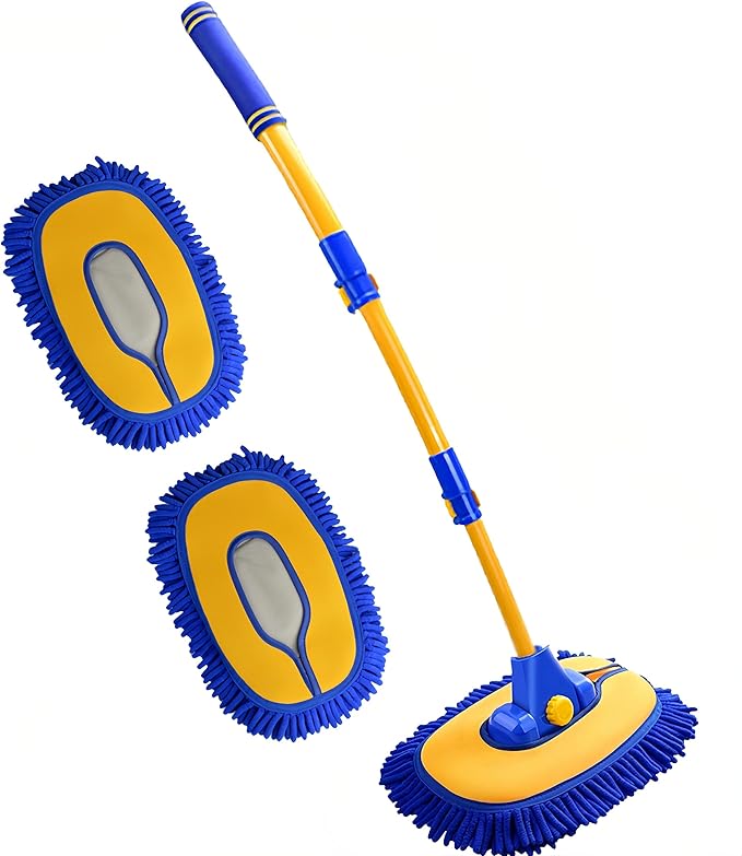Upgrade Car Wash Brush with Long HandleChenille Microfiber Car Cleaning Brush Supplies Kit Car Wash Mop Accessories Car Washing Brush with Scratch-Free Replacement Head(Blue