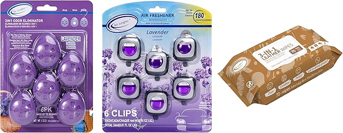 Air Jungles Lavender Fresh Bundle – 3-in-1 Odor Eliminator Balls (6 Count) Lavender Car Air Freshener Clips (6 Pack) and 3-in-1 Leather Cleaner Wipes (70 Count)