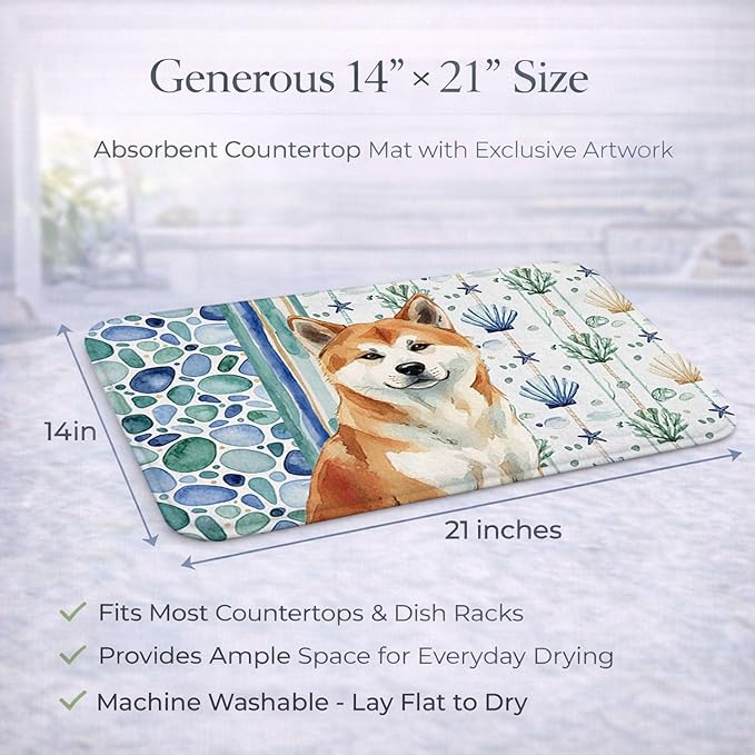 Caroline's Treasures Red Akita Coastal Sea Glass Dish Drying Mat Absorbent Dish Drying Mat Pad for Kitchen Counter Dish Drainer Mat for Countertop 14 x 21 Multicolor