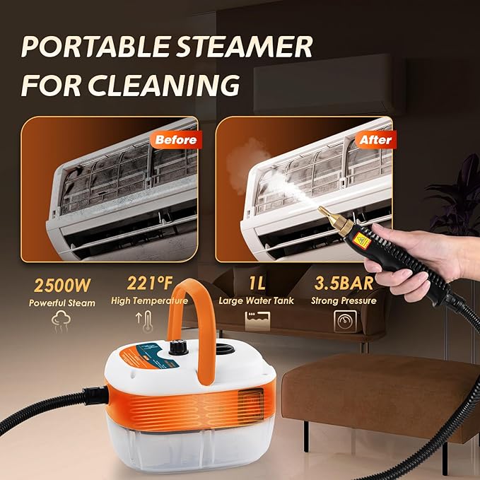 2500W Handheld Steam Cleaner Pressurized Steam Cleaning Machine with 3 Brush Heads 20s Heat Up 1L Tank Multipurpose Mini Portable Steamer for Tile Grout Furniture Kitchen Car Home