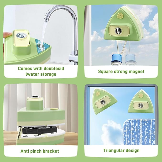 Double-Sided Magnetic Window Cleaner - Adjustable Magnetic Double Window Wiper Fits 3-30 mm Glass Thickness 2.5m Safety Rope for High-Rise &amp Auto Glass Safe Anti-Pinch Wiper(Green)