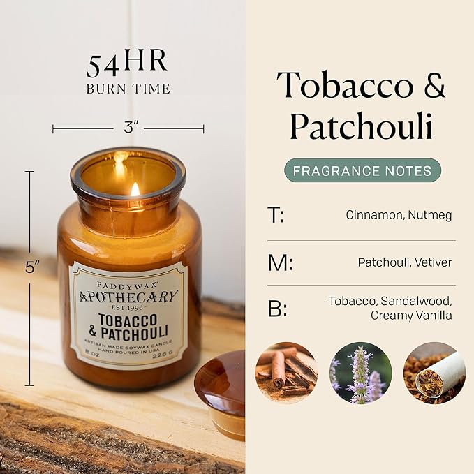 Paddywax Artisan Apothecary Scented Candle with Lid in Reusable Glass Jar Clean-Burn Soy Candle with Approx. 54 Hour Burn Time Tobacco &amp Patchouli 8 oz.