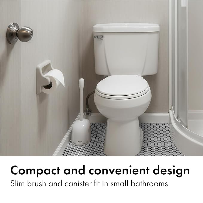 OXO Good Grips Compact Toilet Brush &amp Canister Toilet Bowl Brush and Holder with Automatic Canister Door Bathroom and Small Spaces Cleaning Supplies Essential