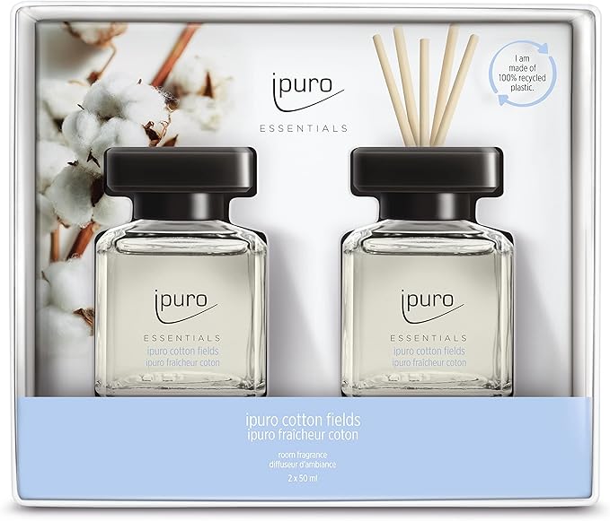 ipuro - Essentials Cotton Fields Room Fragrance 2 x 50 ml | Room Freshener with Star Anise Vanilla Flower &amp Geranium Rose Violet Cedar Wood Fragrance Aroma | Diffuser with Sticks | Air Freshen