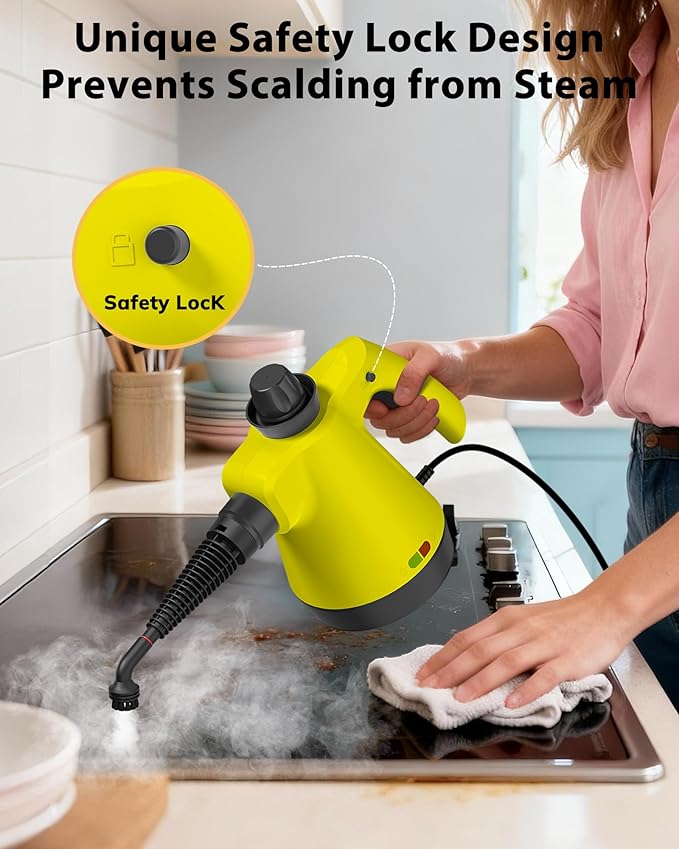 Steam Cleaner - Handheld Steam Cleaner with 12Pcs Accessories &amp Safety Lock Pressurized Handheld Steam Cleaner for Home Tile Windows Bathrooms Kitchens Grease Car Yellow