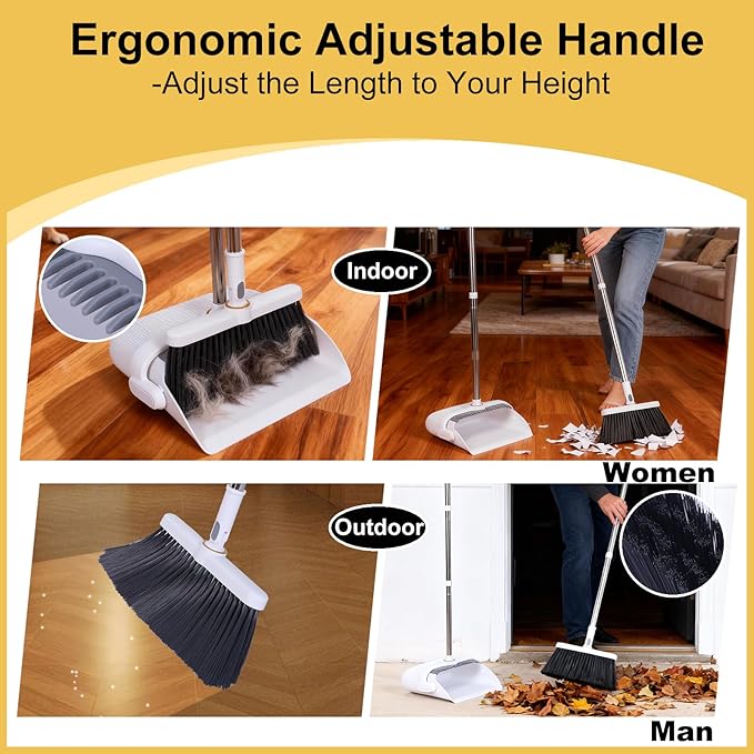 Heavy Duty Broom and Standing Dustpan Combo Set Rotatable Head Dust Pan and Brush Set with Collapsible Handle Cleaning Teeth Hanging Loop Ideal for Pets RV Kitchen Camping Outdoor Floor White