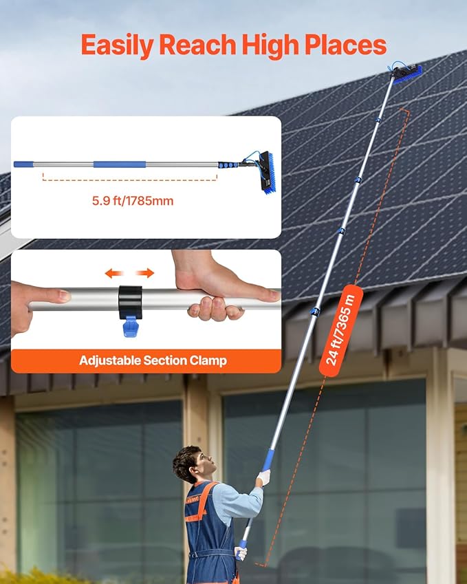 VEVOR Water Fed Pole Kit 24FT Solar Panel Cleaning Pole with Extendable Handle 180° Rotatable Brush Head &amp 65.6FT Hose Household &amp Outdoor Window Cleaner Tool for Caravan Solar Panel Deck